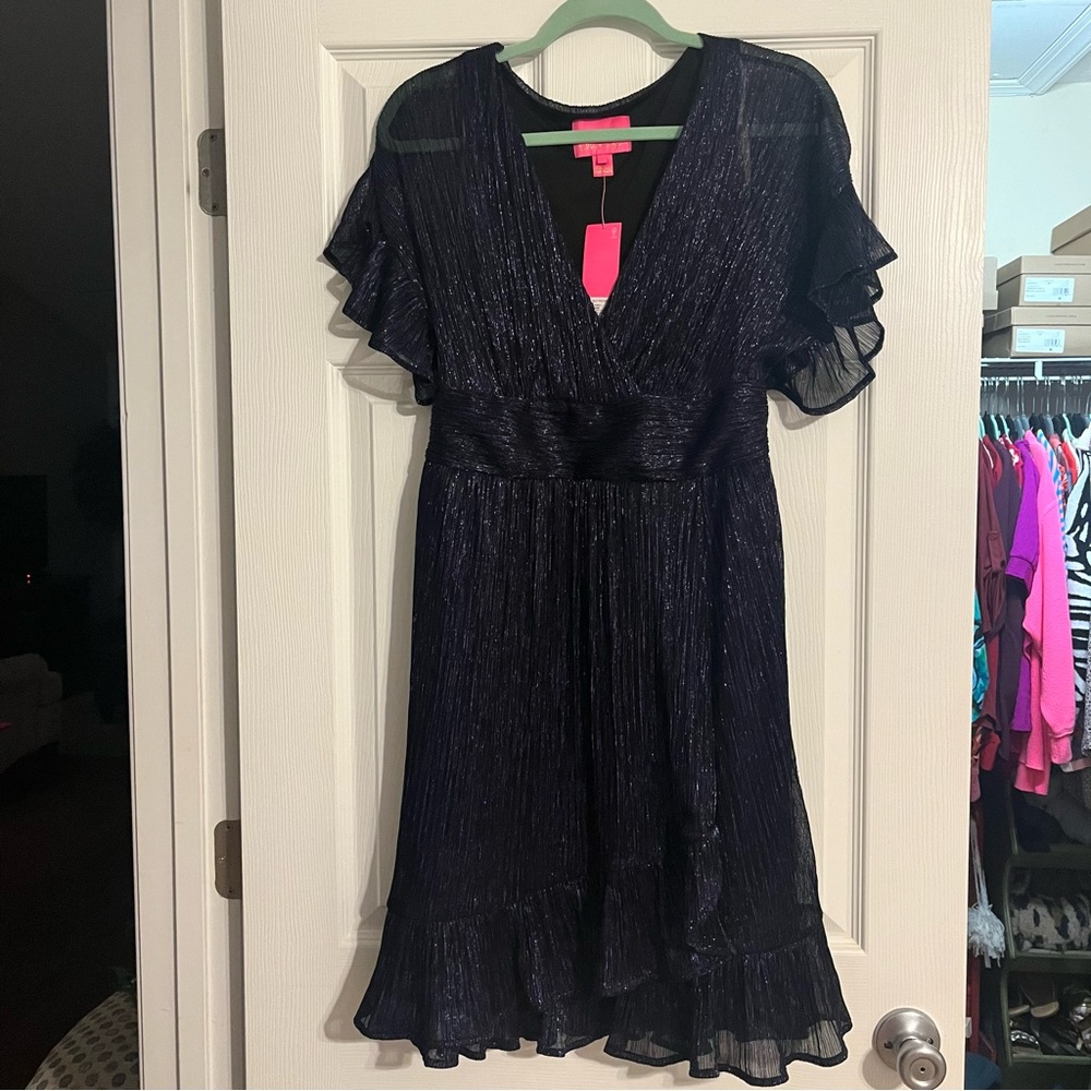 NWT Sz L Lilly Pulitzer Midnight Blue Metallic Dress with Ruffle Detail